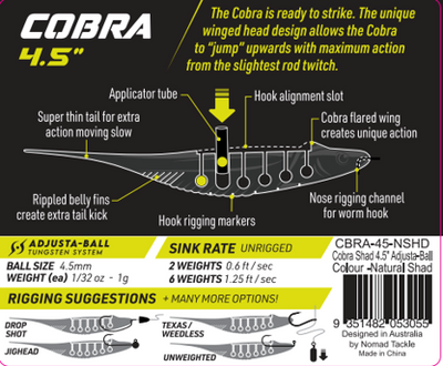 Live Ops Cobra Shad 4.5" - 2 Tungsten Weights prefilled inside each bait - 4 Pack