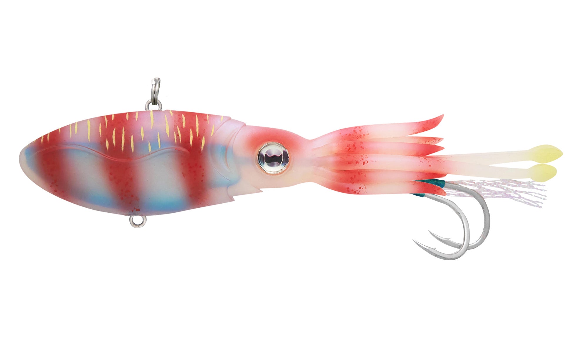 calamari fishing lure Nomad Design Squidtrex Vibe 110 Tiger in white LED lights for additional attraction Saltwater Squid Fishing Lures LED